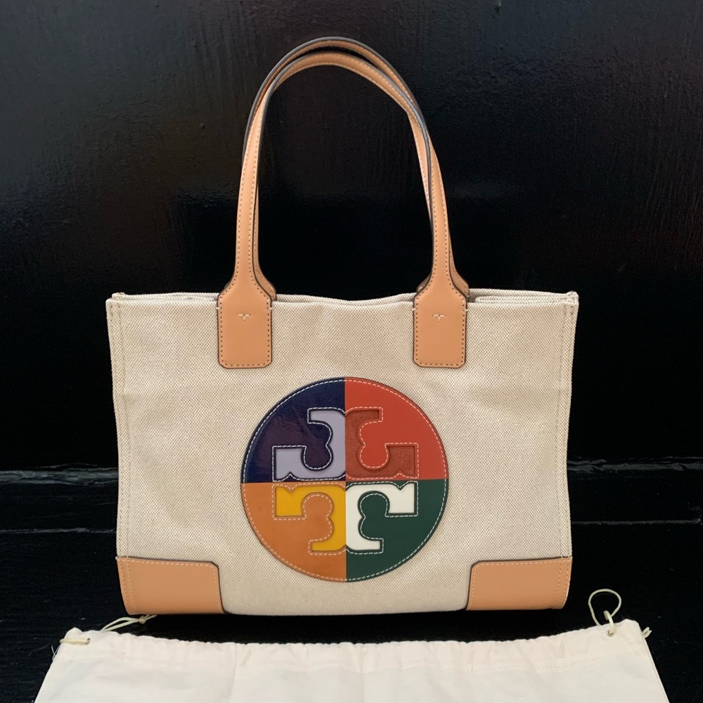 Tory Burch Ella Multicolor Canvas Tote with Tan Leather